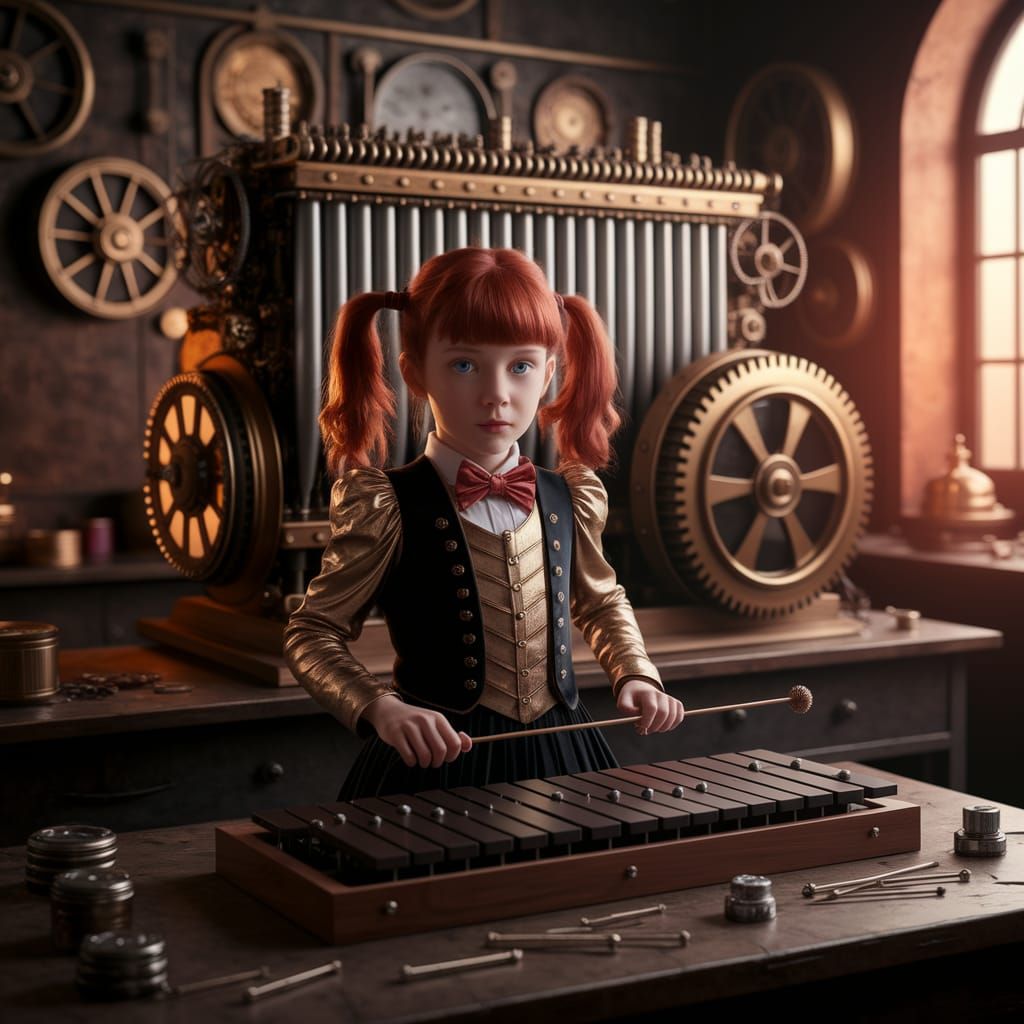 Steampunk Girl Constructs Intricate Xylophone in Vintage Cla...