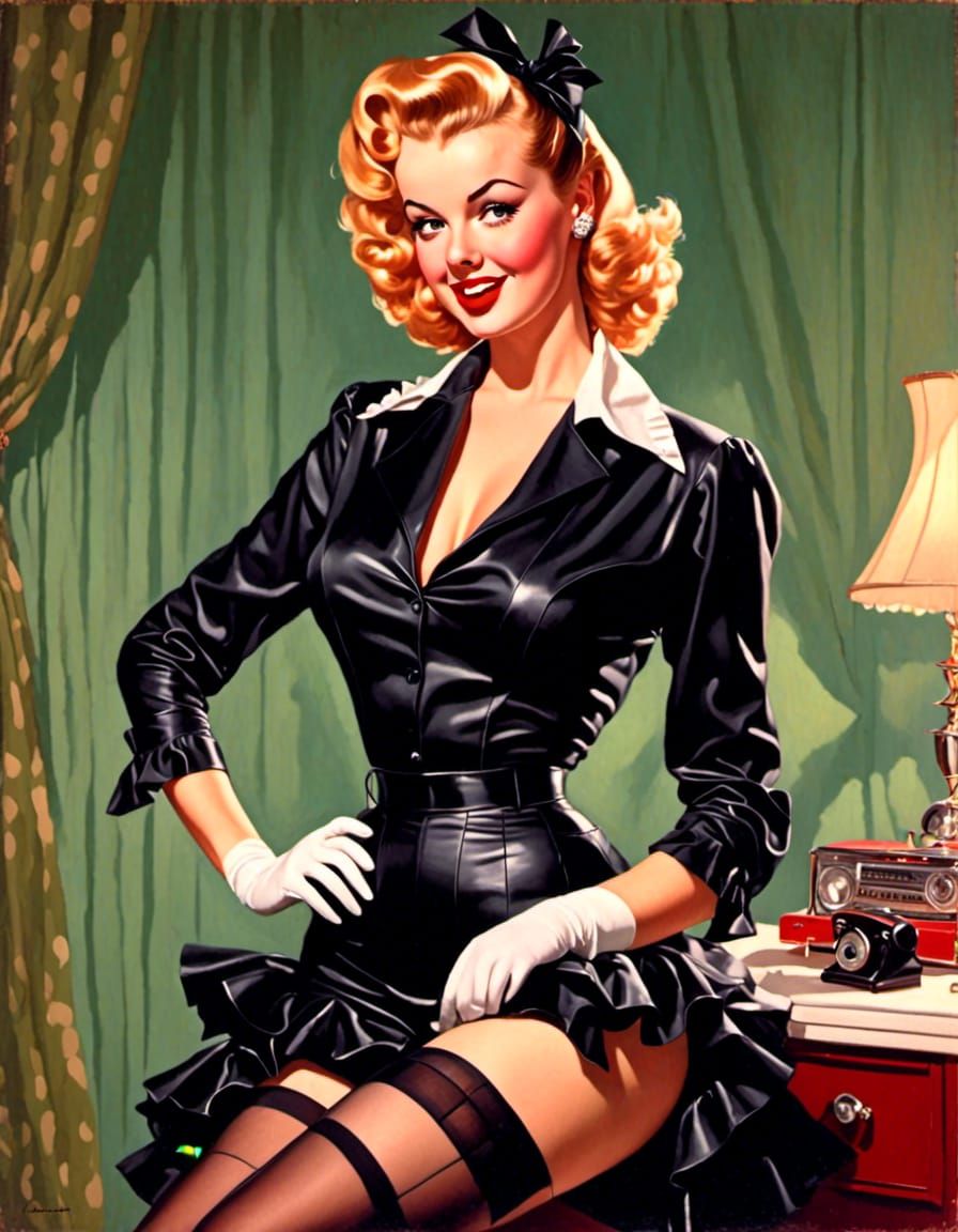 redhead pinup girl, showing off her black nylons