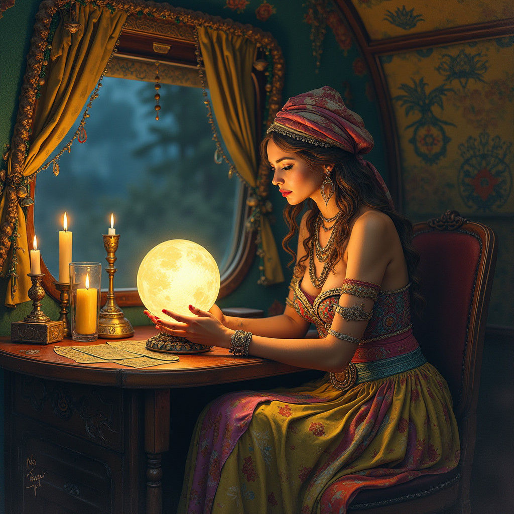 Mystical Gypsy Fortune Teller in Ornate Caravan
