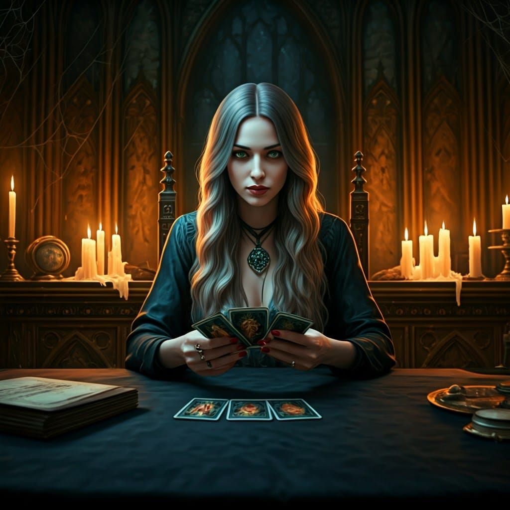 Mystical Raven-Haired Woman Reads Tarot in Gothic Chamber