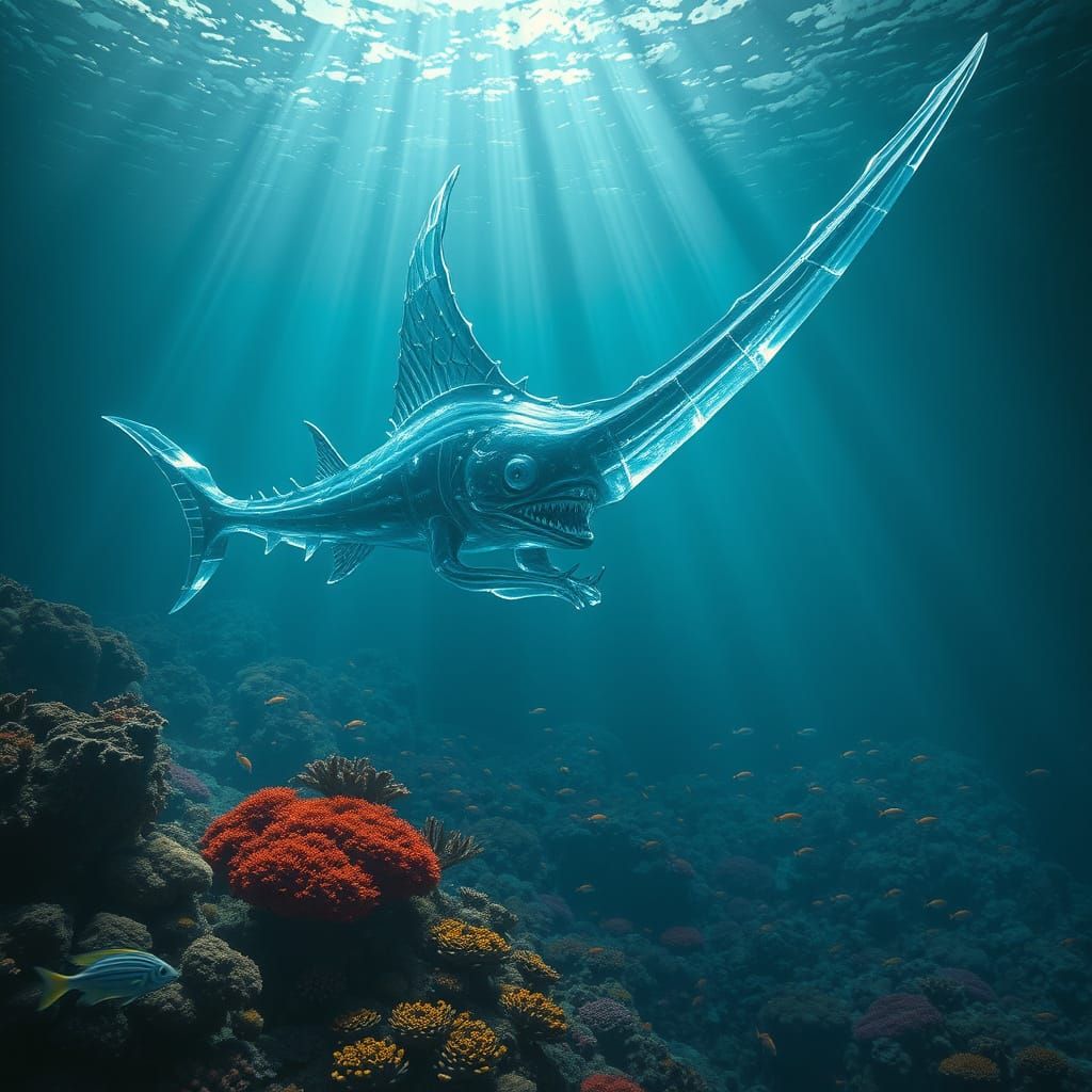 Surreal Glass Swordfish in Alien Ocean Dreamscape