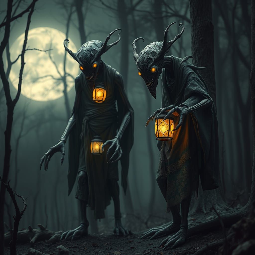 Mysterious Tsukumogami in a Moonlit Forest