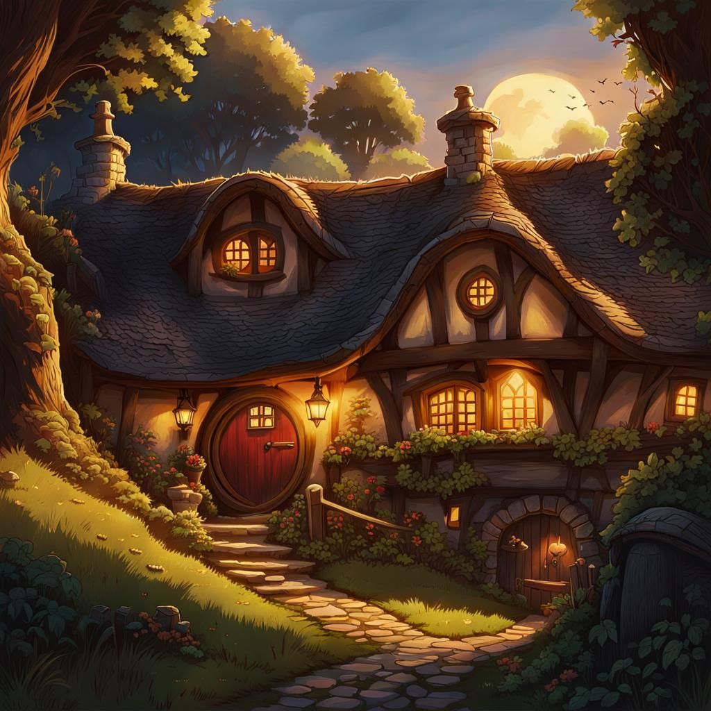 Detailed Hobbit Home at Dawn, Retro D&D Illustration