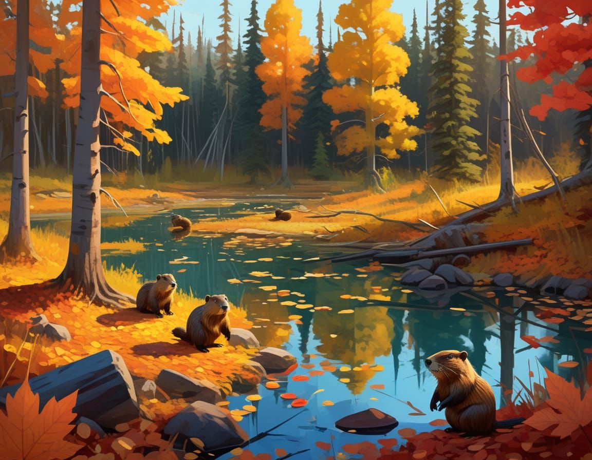 Playful Beavers Roll in Autumn Leaves in Alberta