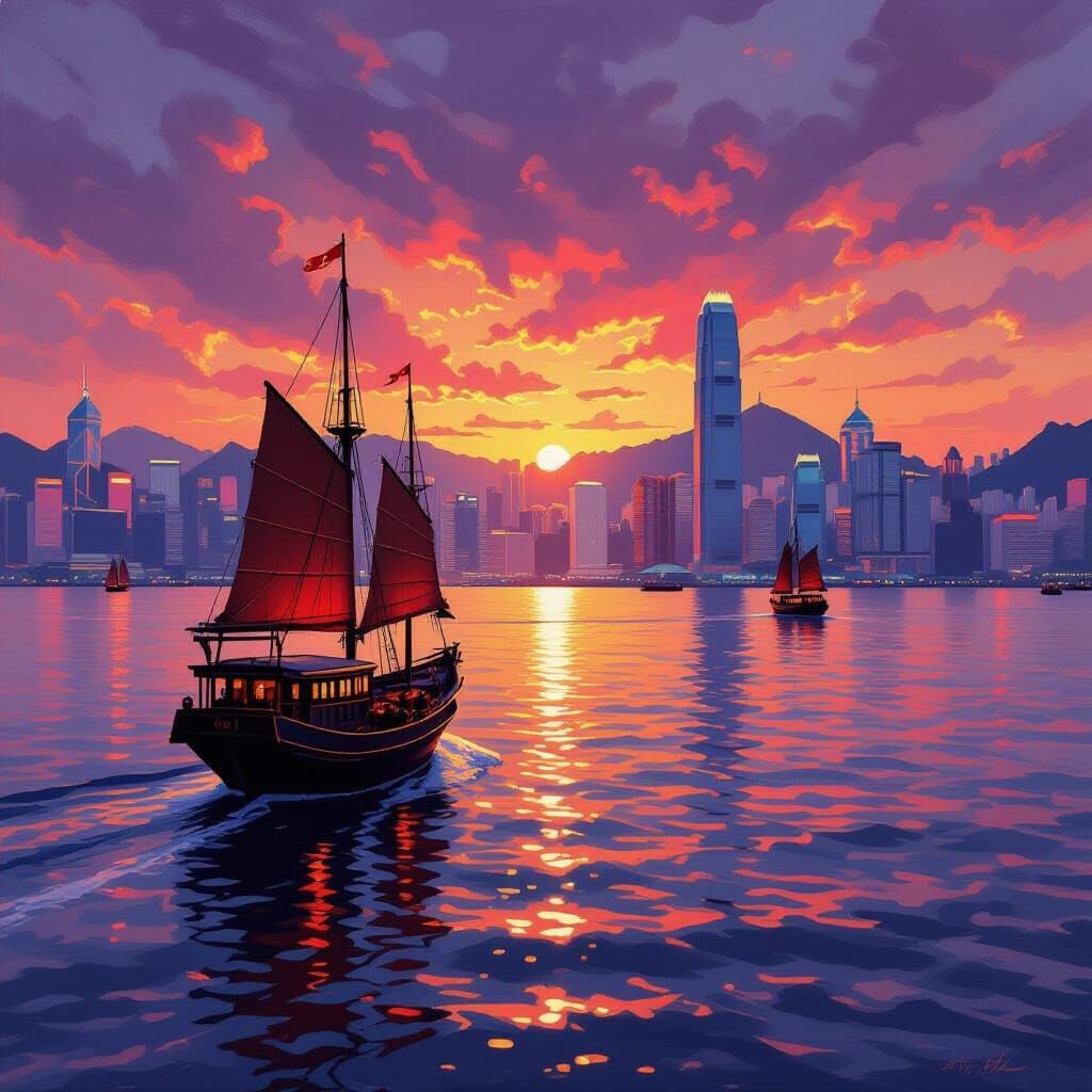 Majestic Junk Boat Sails Towards Hong Kong at Sunset