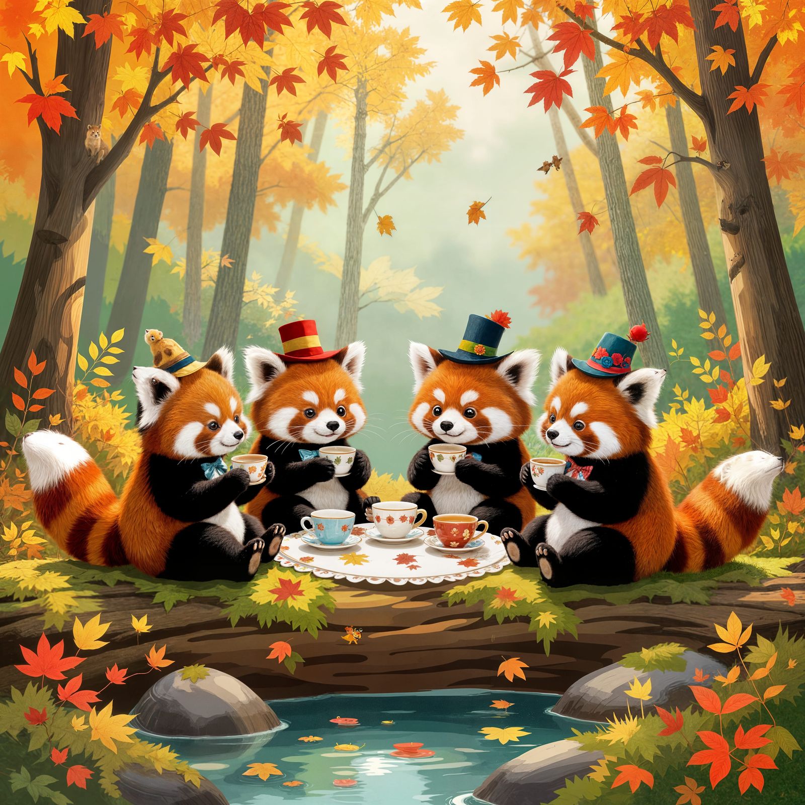 Red Pandas Tea Party in Autumn Forest Illustration
