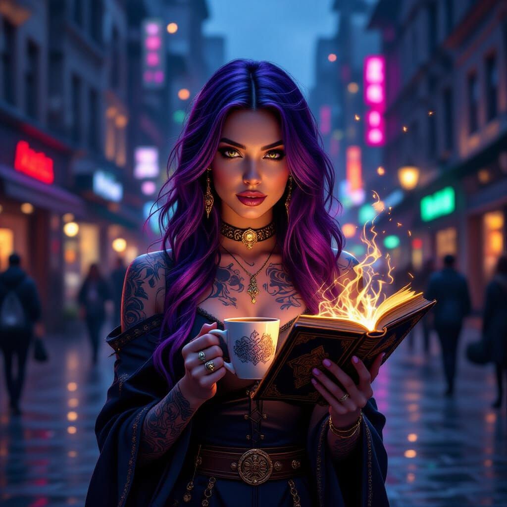 Modern Witch in Neon City Square with Magic