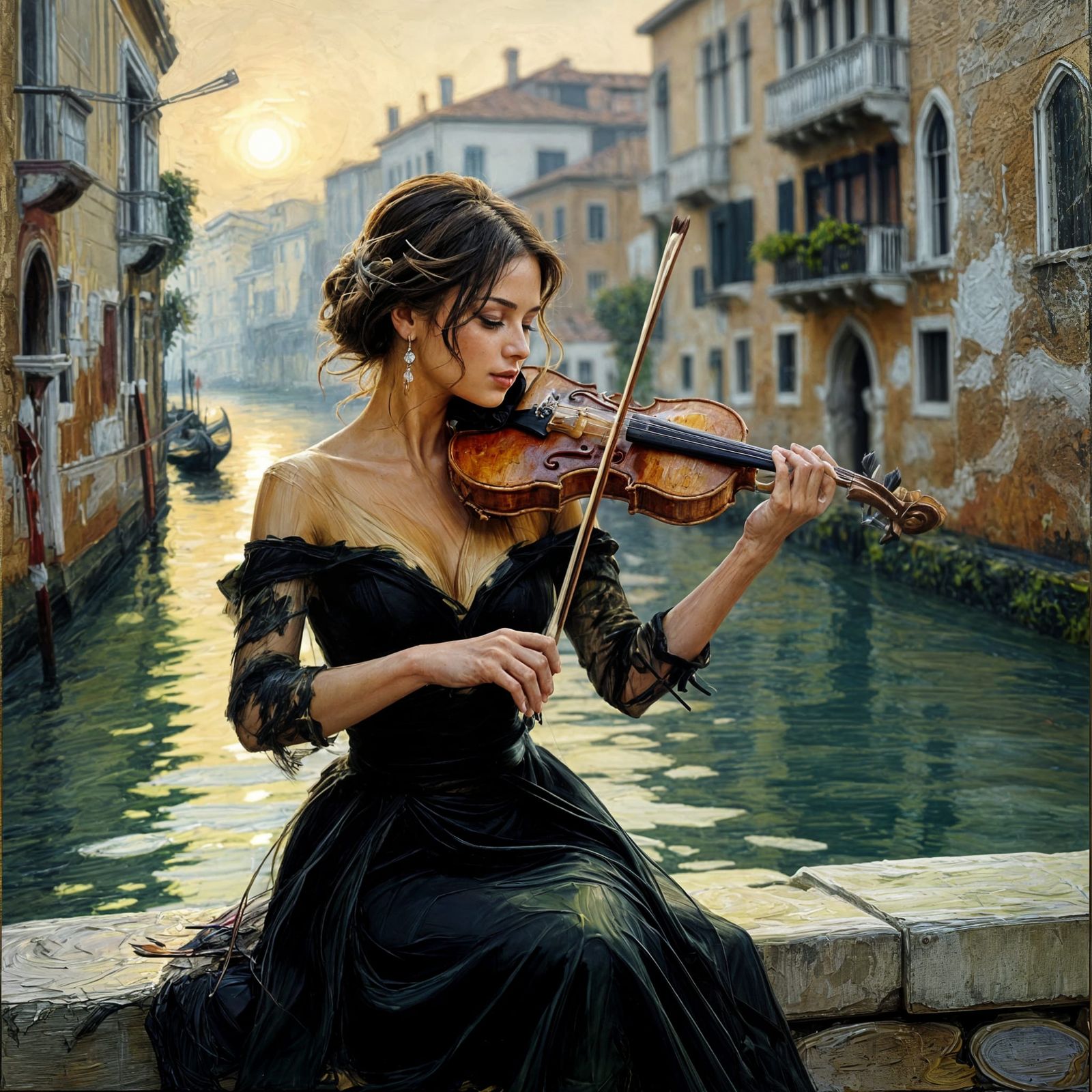 Woman Playing Violin on Venetian Canal in Golden Hour
