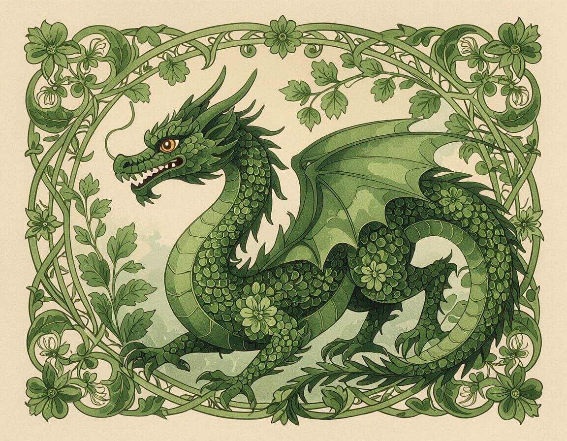 Art Nouveau Dragon of Green Flowers and Trees