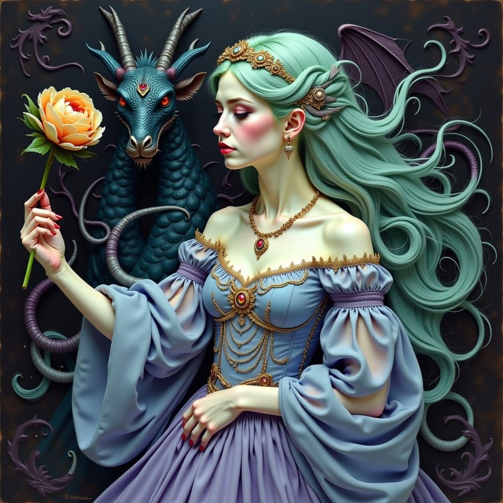 Gothic Dragon Girl in Folk Art Style