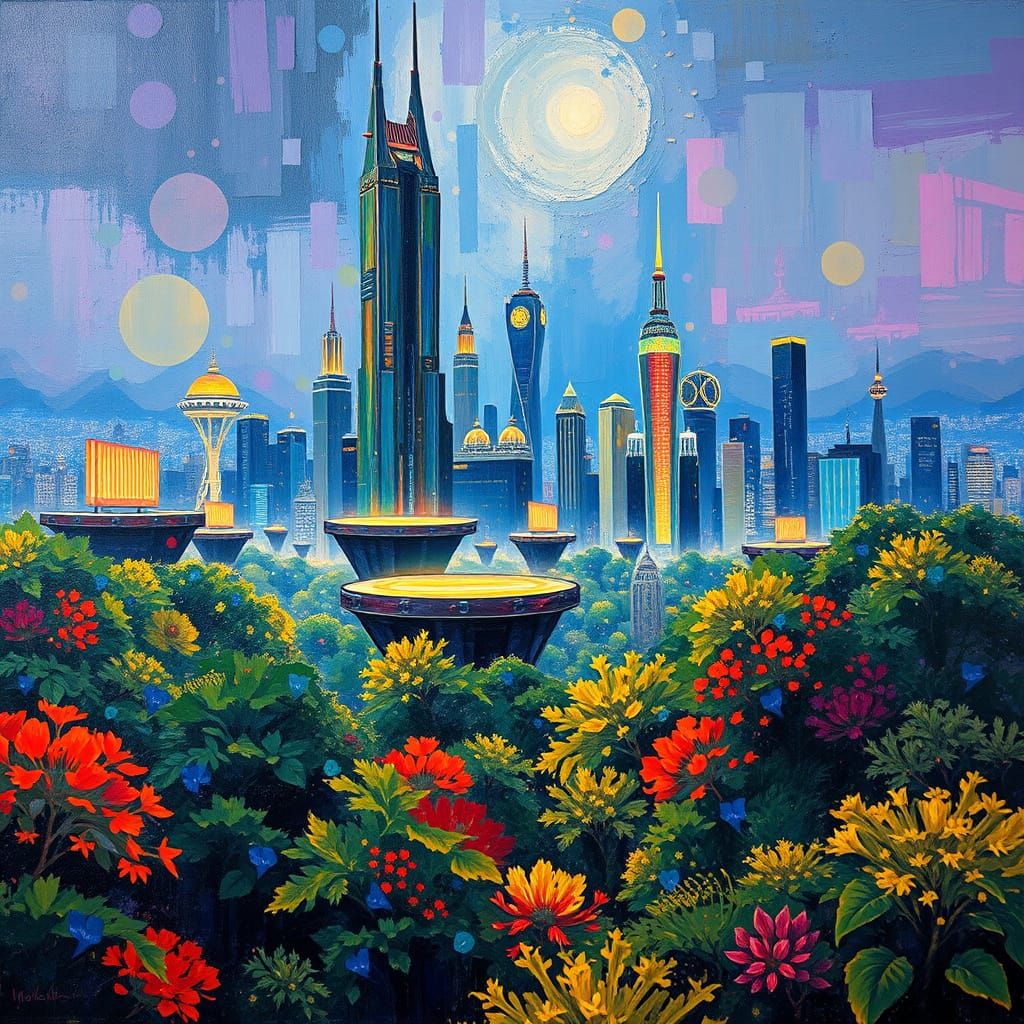 Neo-Impressionistic Cityscape with Floating Platforms