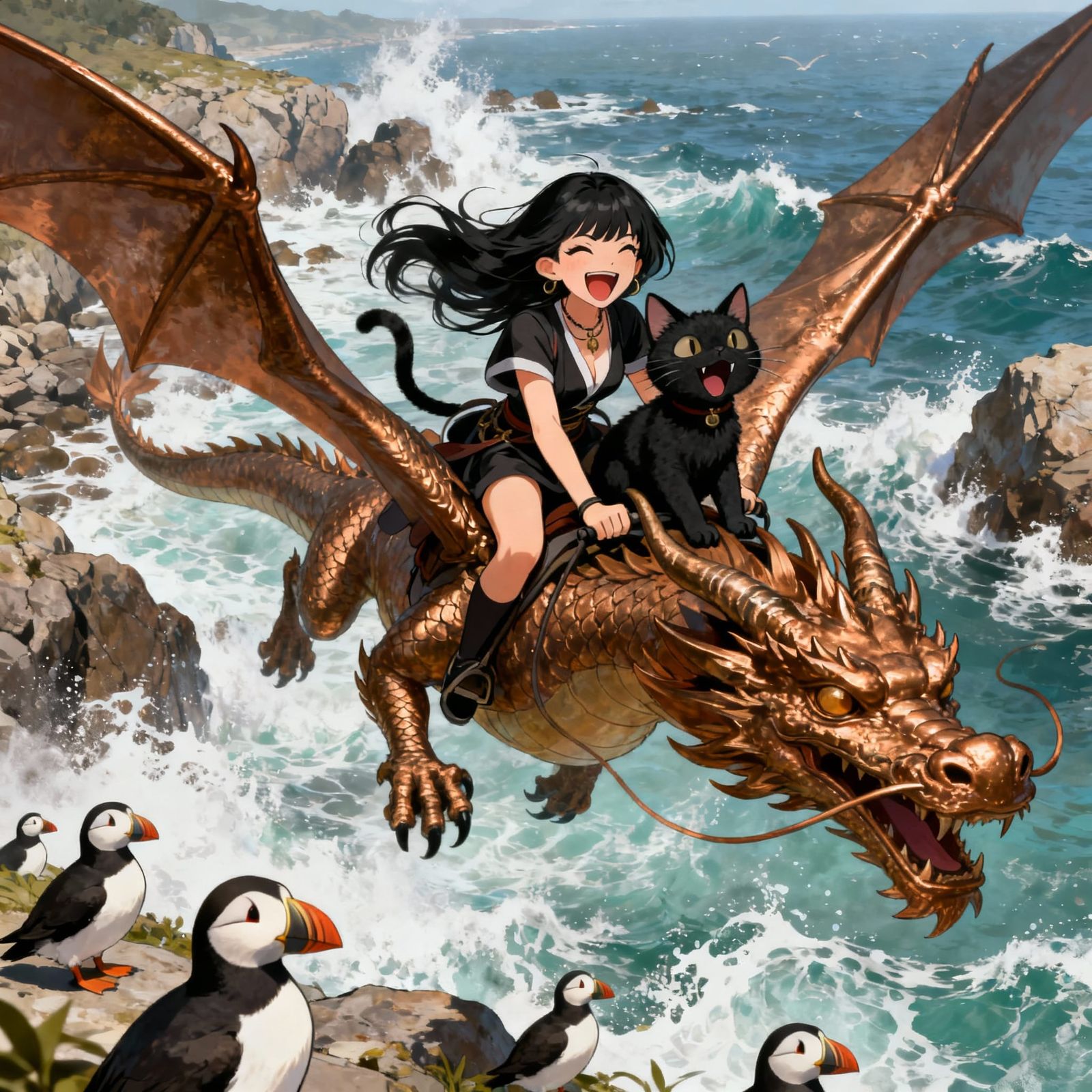 Woman and Cat Ride Bronze Dragon Over Seacoast
