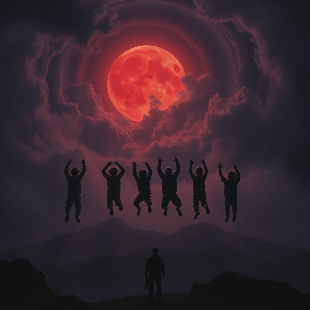 Surreal Scratch Paper Etching with Red Moon