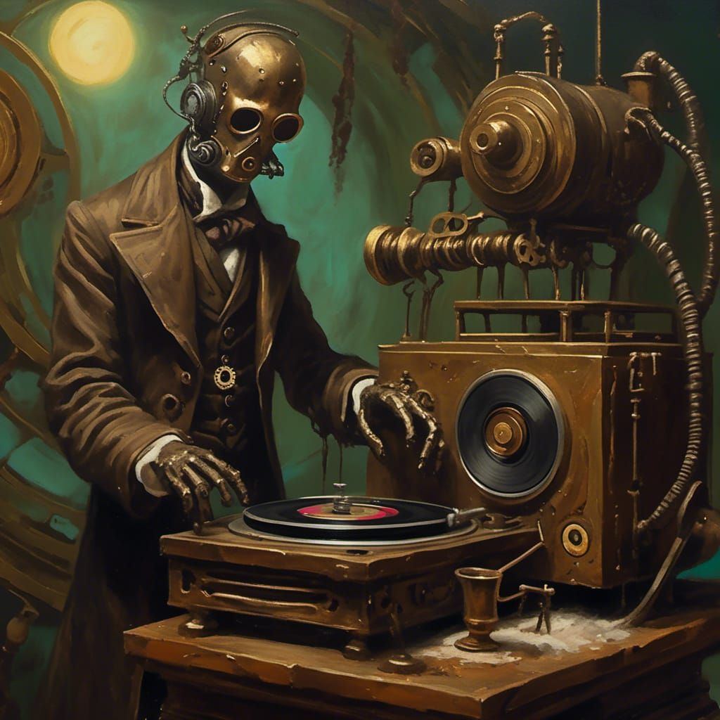 Steampunk DJ at Dusty Record Player, Surreal Oil Painting
