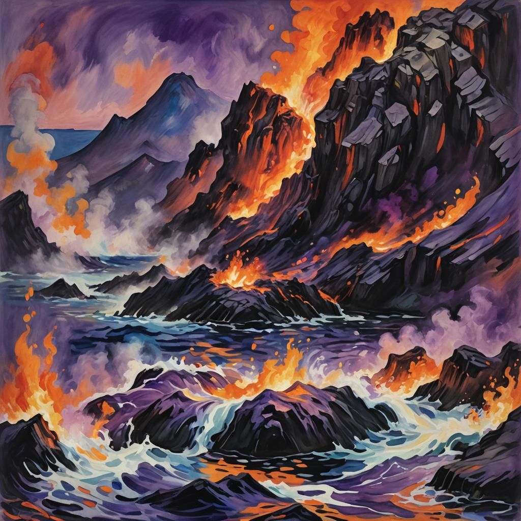 Deep Sea Creatures near Volcanic Vent as Impressionist Gouac...