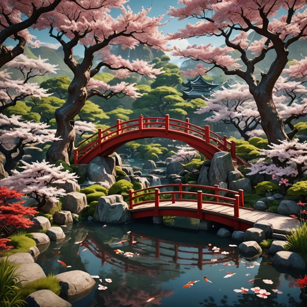 Tranquil Japanese Garden with Red Bridge, Digital Art