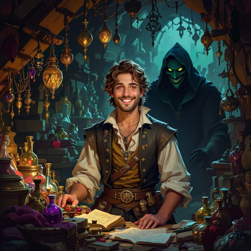 Medieval Merchant with Sinister Shadow Figure