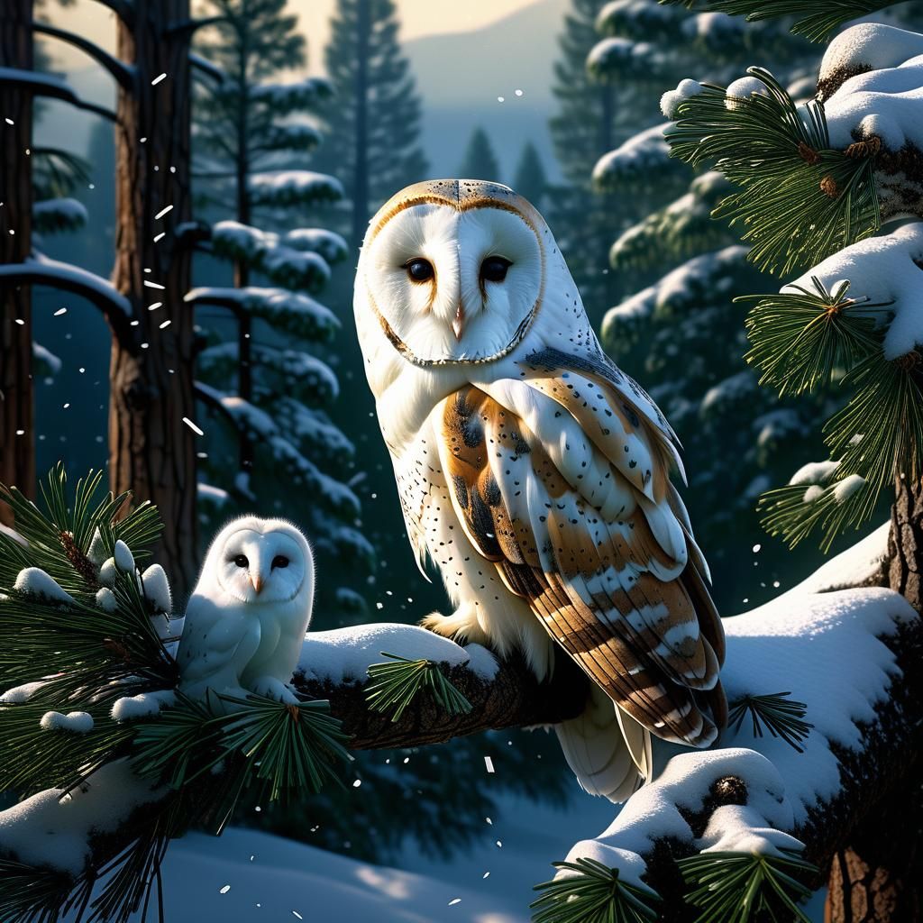 Barn Owls in a Winter Wonderland: Digital Painting