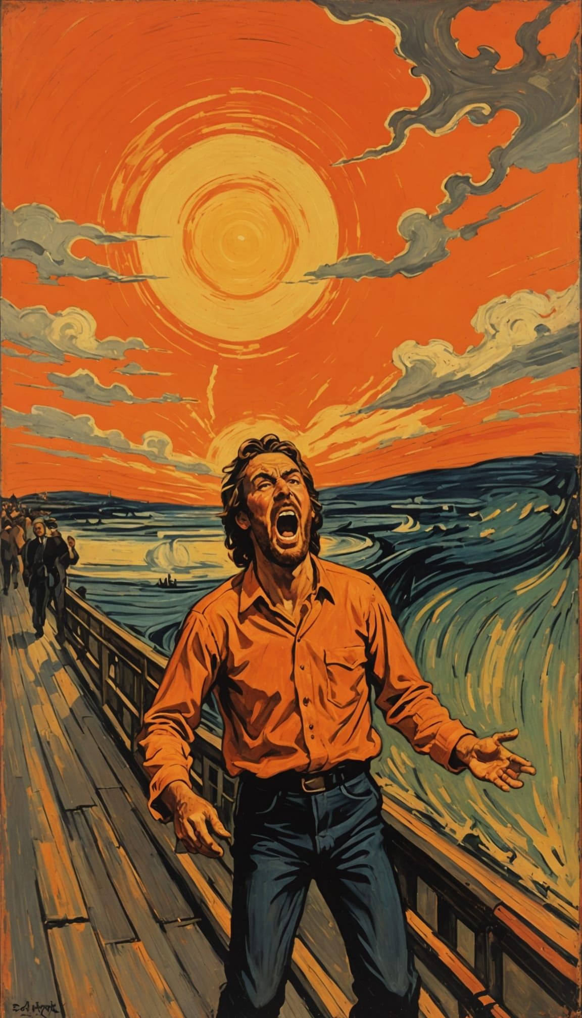 Man Screaming Under Orange Sky in Classic Art Style