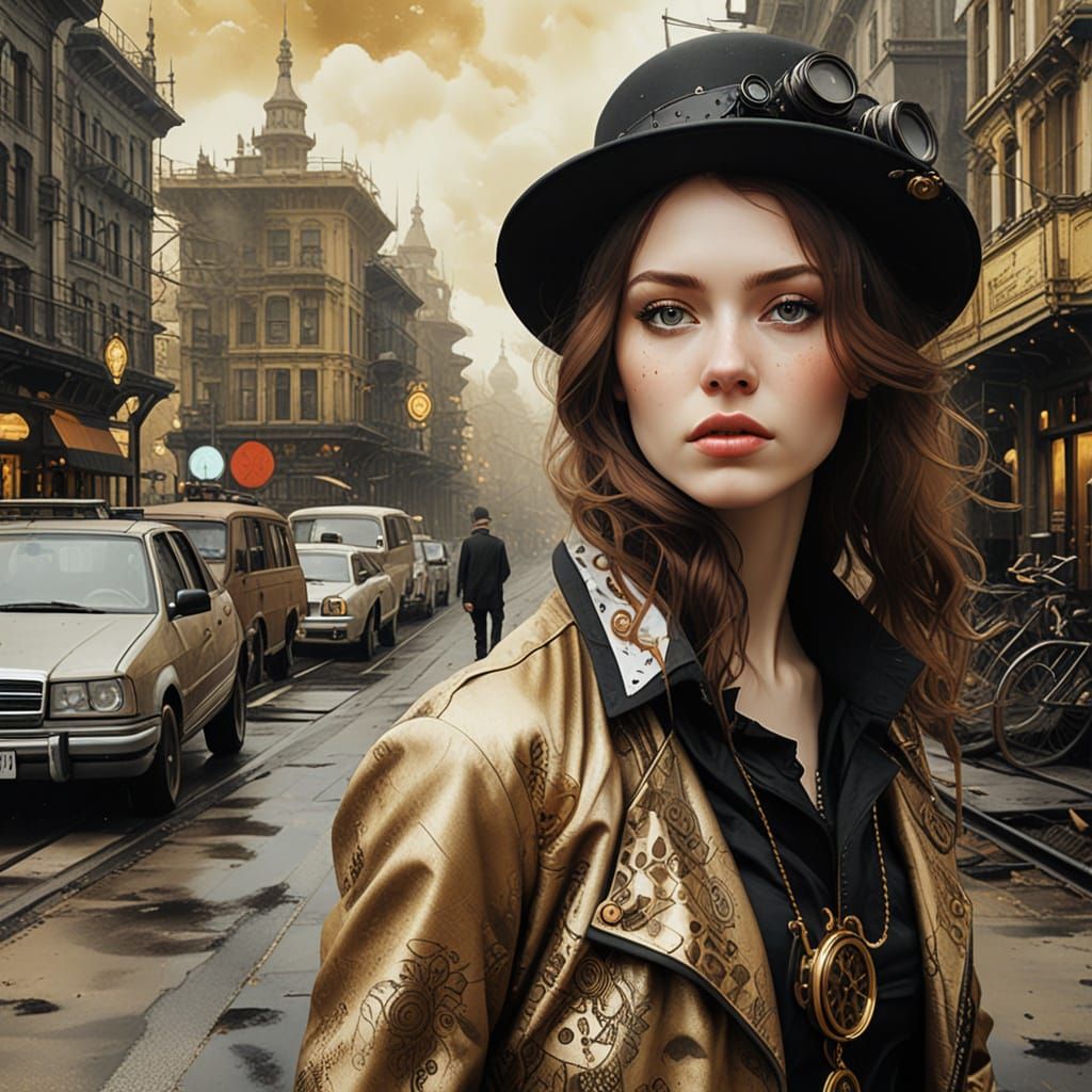 Ethereal Steampunk Cityscape in Golden Hues