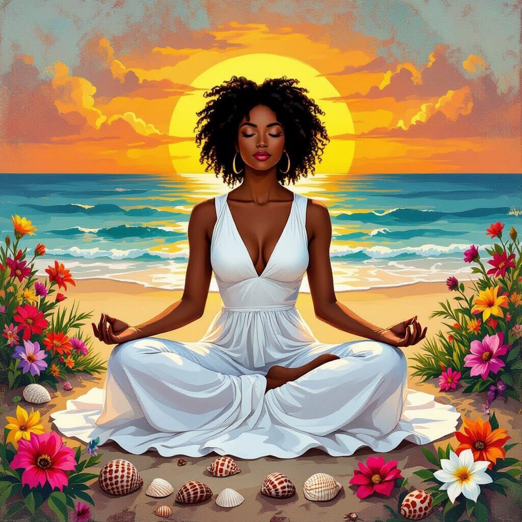 Serene Beach Meditation in Harmonious Colors