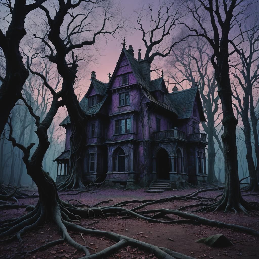 Haunted Gothic House in Forest, Dark Fauvism Style