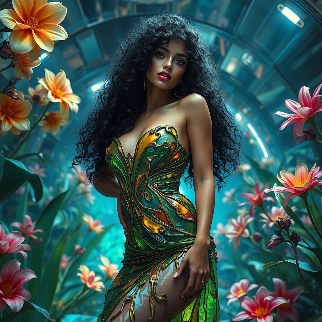 Futuristic Muse in Interstellar Garden, Neo-Cubism Style