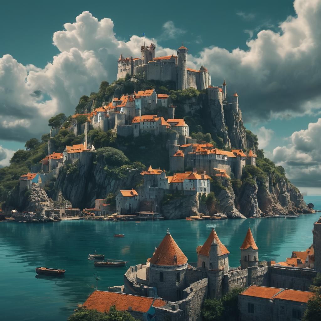 Fantasy Medieval Seaside Town with Castle, Digital Art
