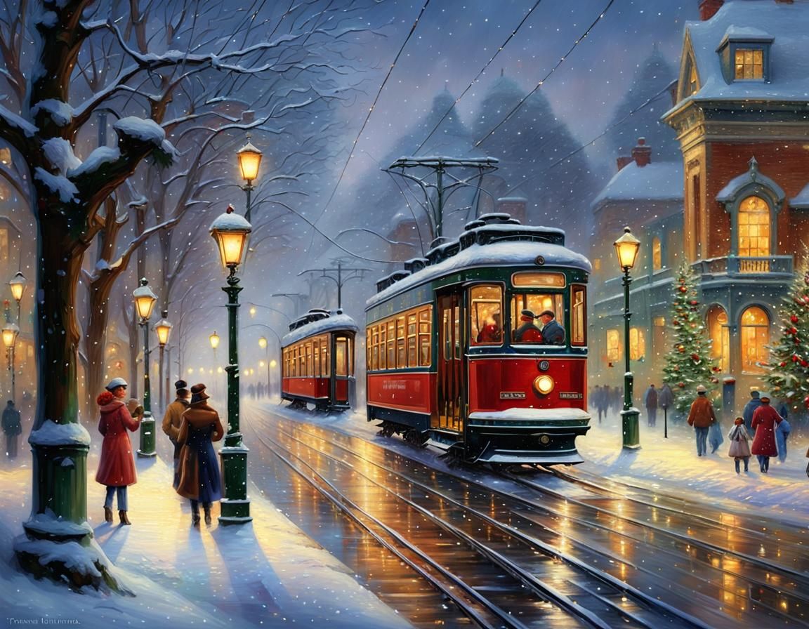 Christmas Tram Scene in Hyperrealistic Winter Landscape