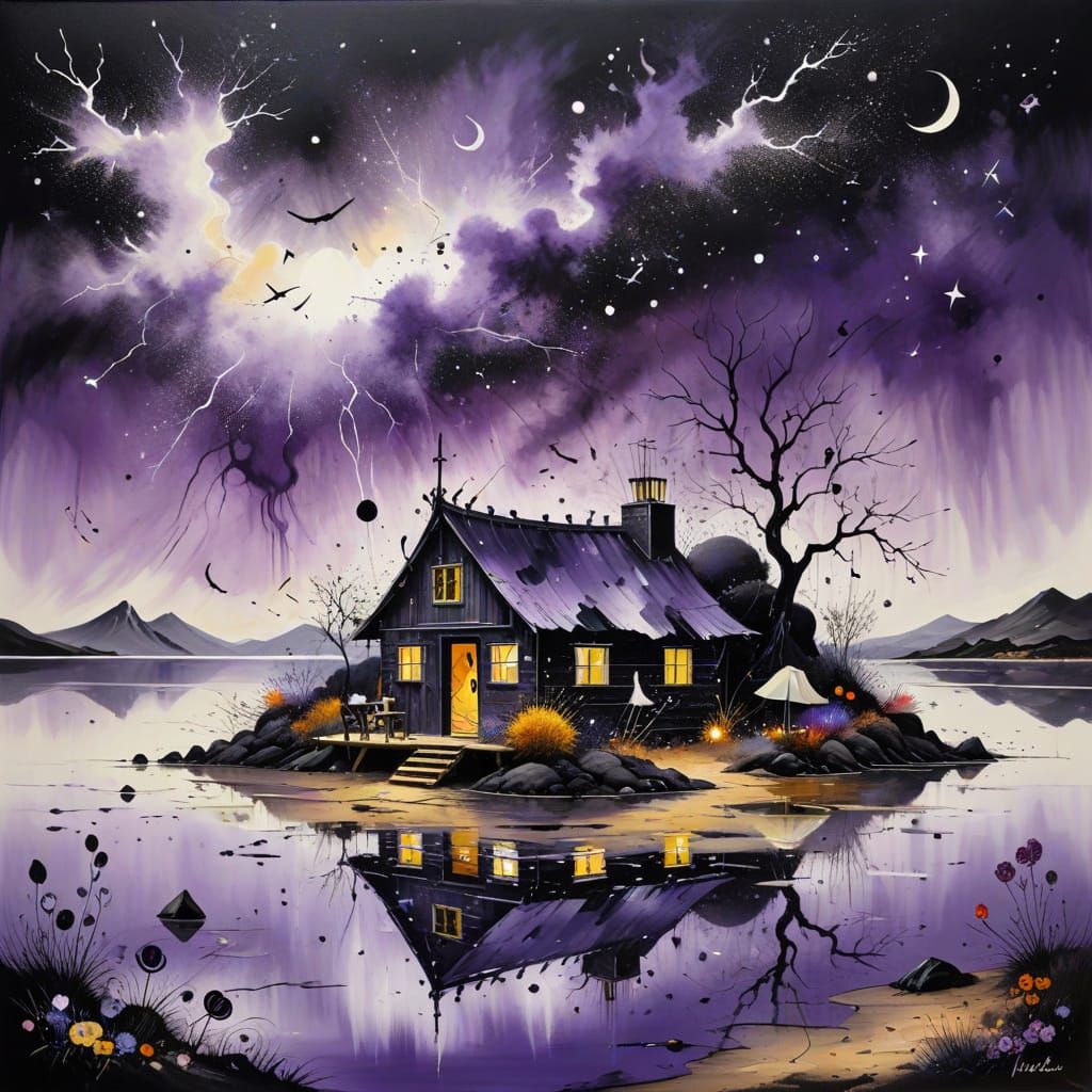 Fantasy Cabin Reflection: Ink Painting Landscape