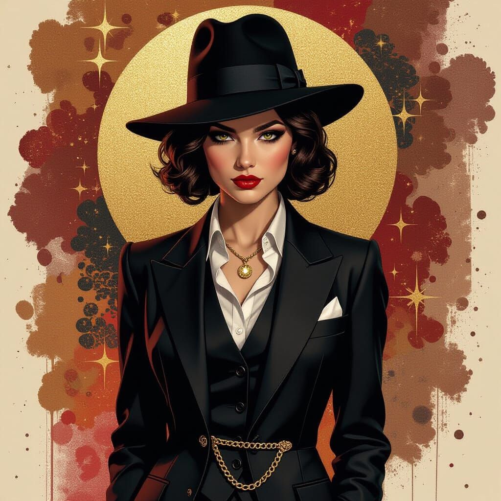 Sullen Woman in 1920s Suit with Abstract Background