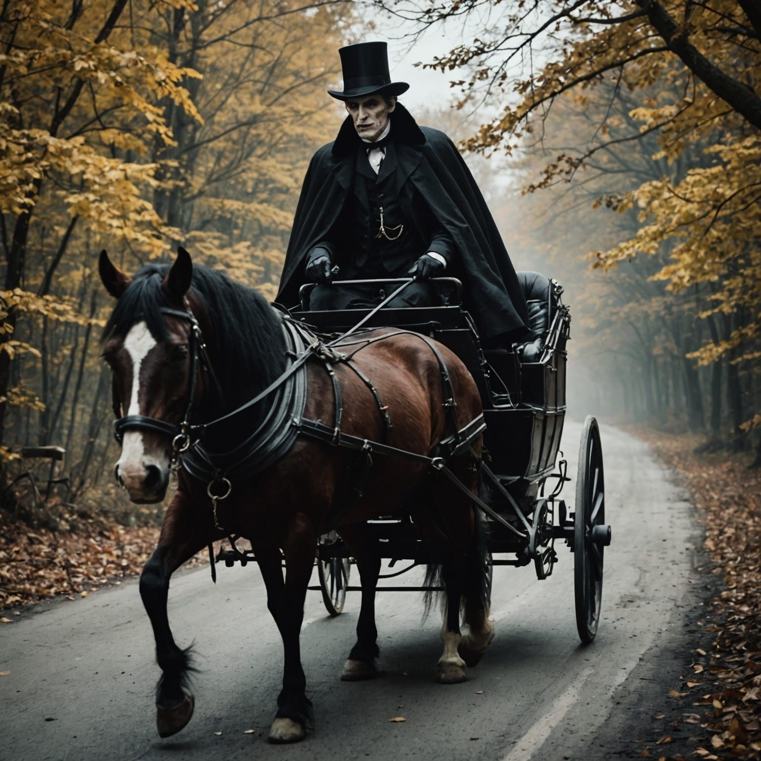 Scary closeup of Dracula horse and buggy on old road