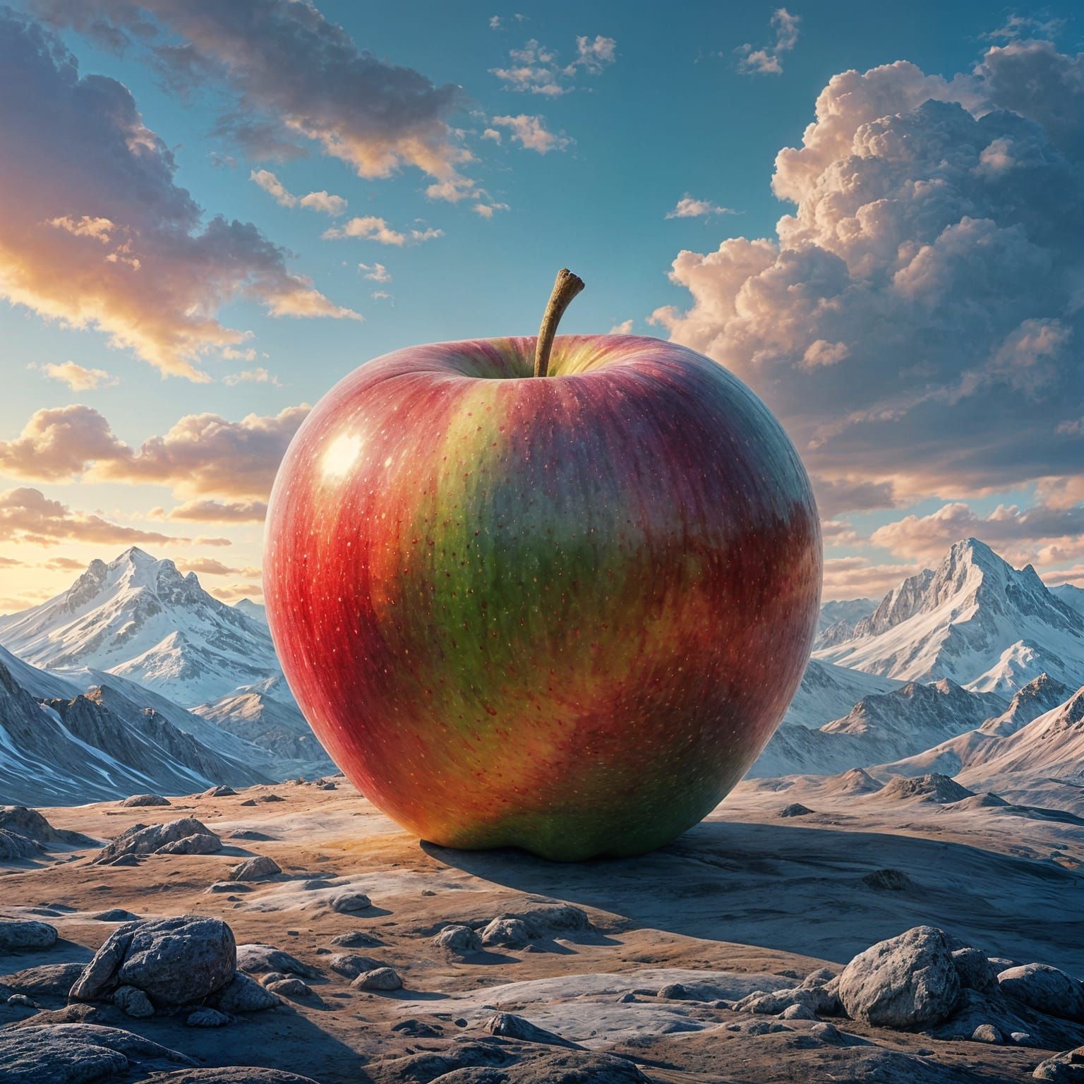 Giant Iridescent Apple in Desolate Mountain Range