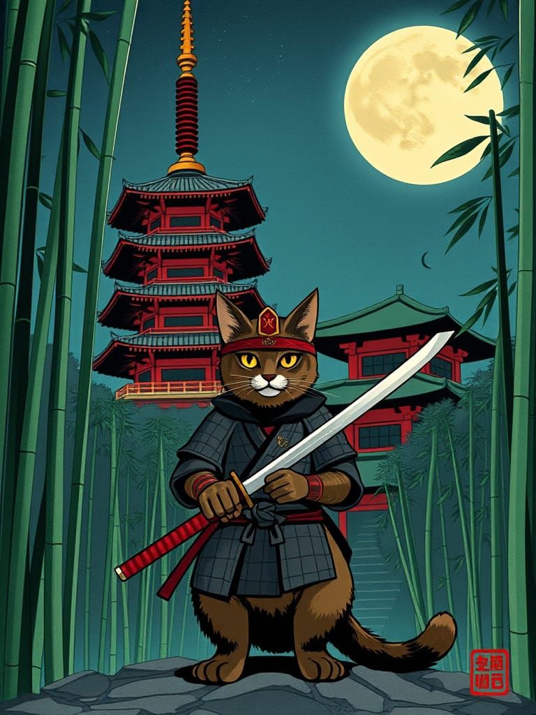 Courageous Samurai Cat in Japanese Woodblock Print Style