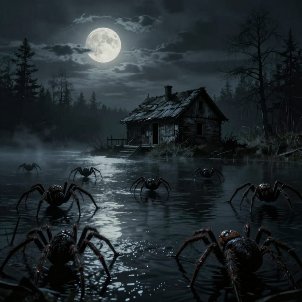 Spooky Cabin and Lake Swarming with Giant Spiders Under Moon...