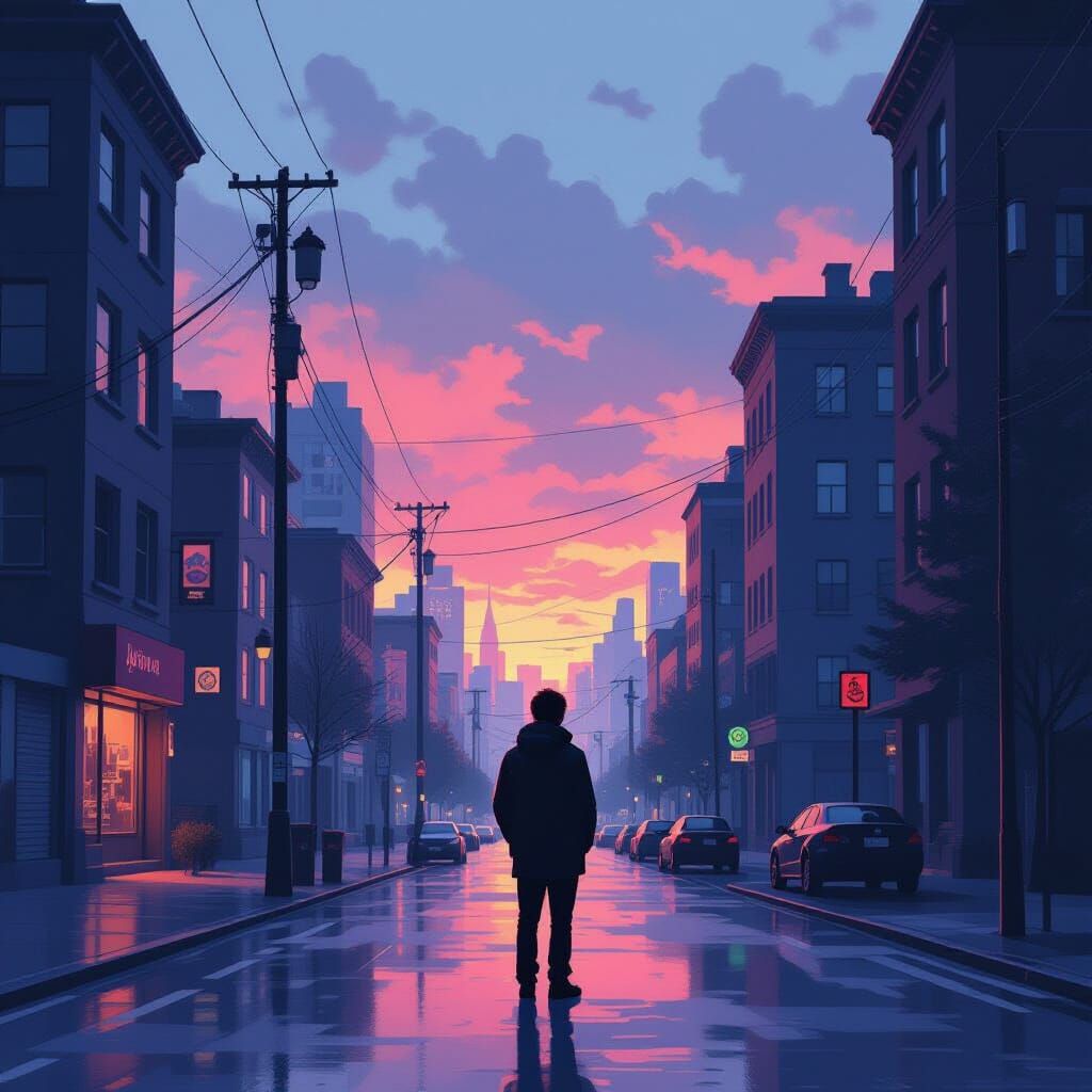 Solitary Figure in Dusk Cityscape: Digital Art