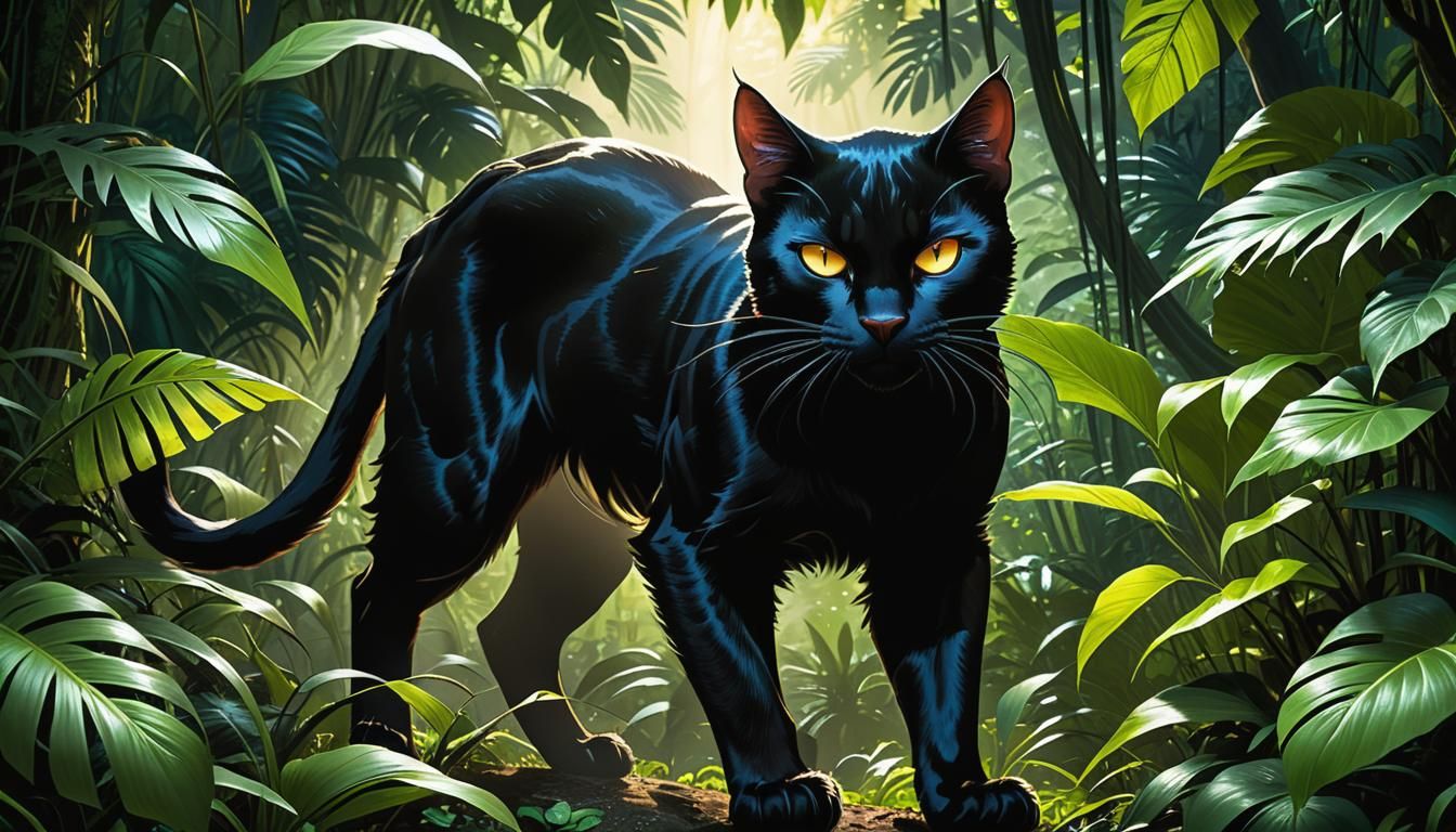 Black cat prowling through the dense foliage