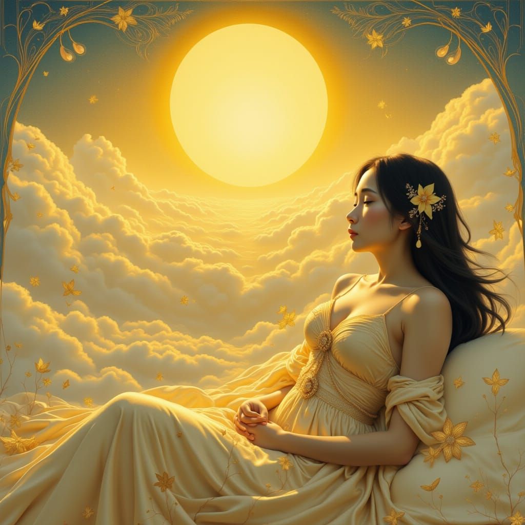 Golden Sunlight Woman in Art Nouveau Style