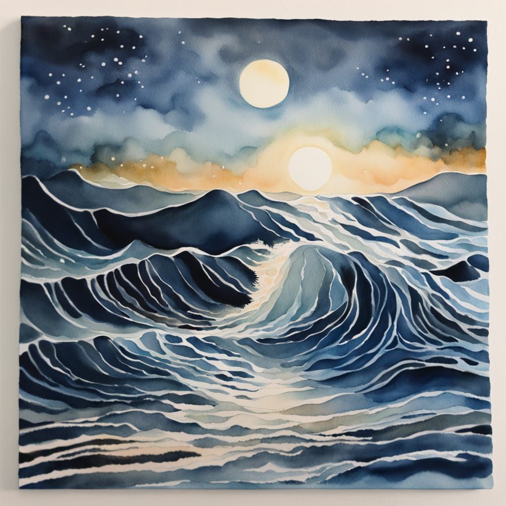 Ethereal Moonlit Waves in Dreamy Watercolor