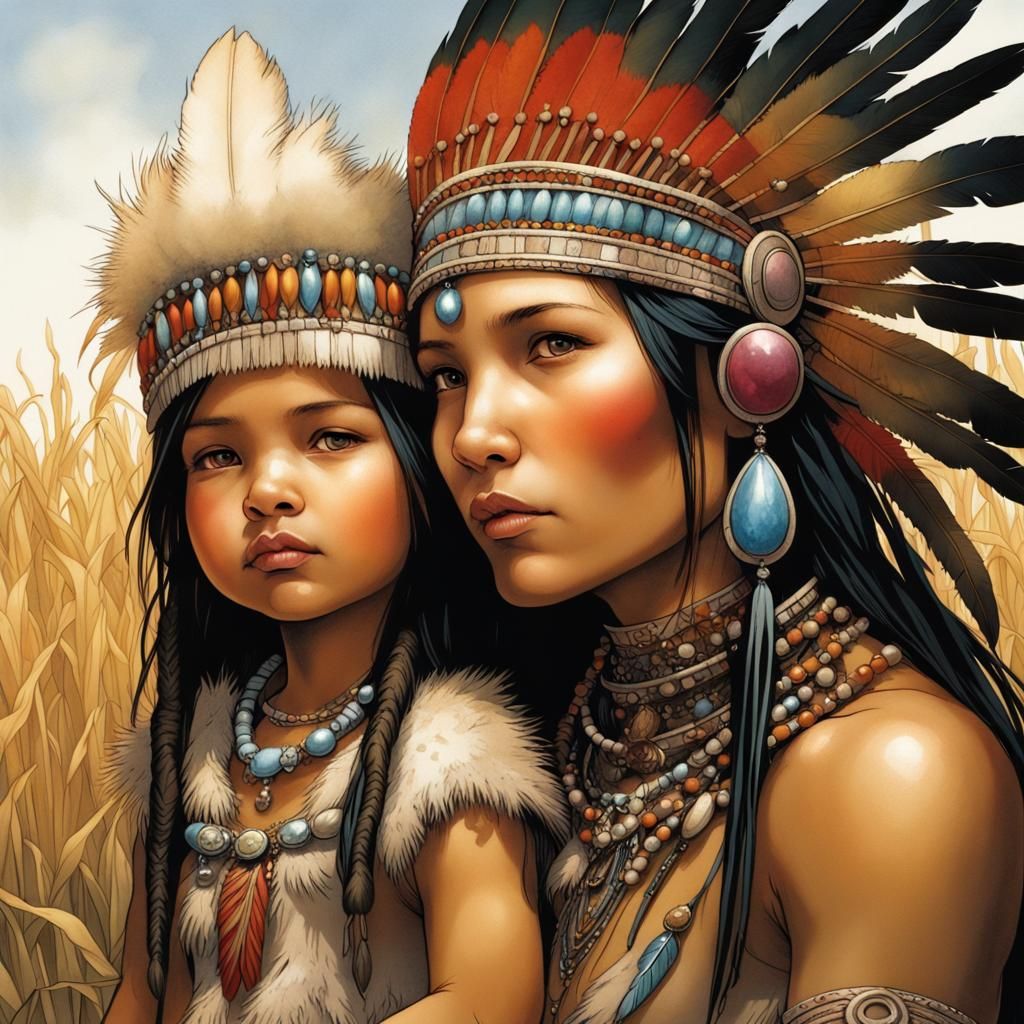 Native American Woman and Child in Cornfield