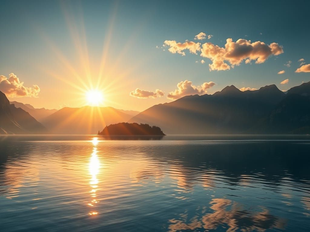 Panoramic Sunset Landscape with Majestic Mountains and Tranq...