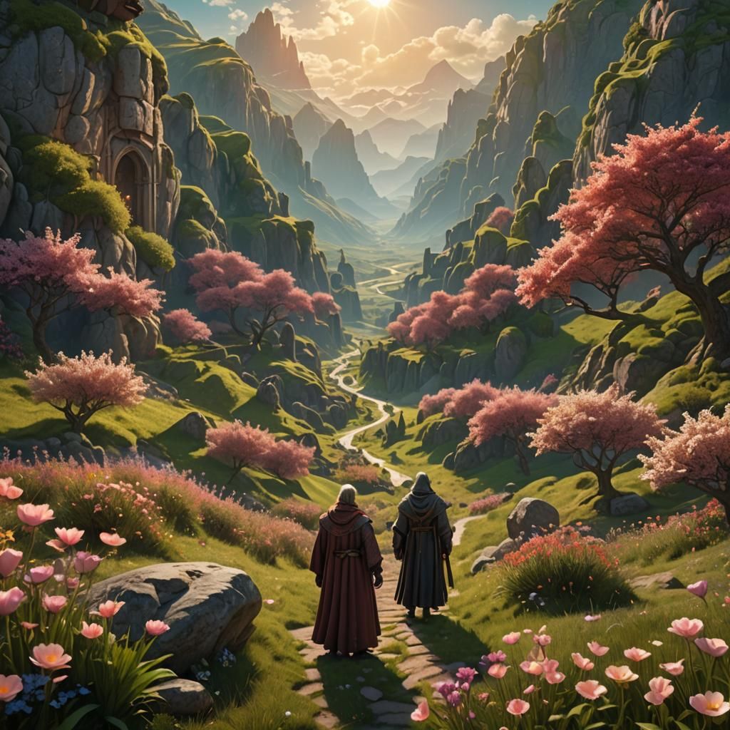 Mystical Medieval Valley with Two Suns