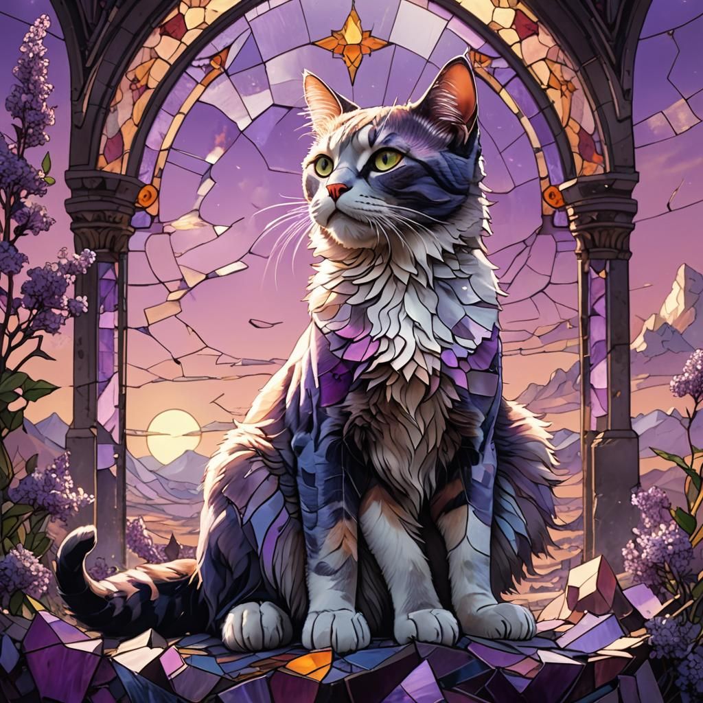 Stained Glass Cat in Lilac Wasteland