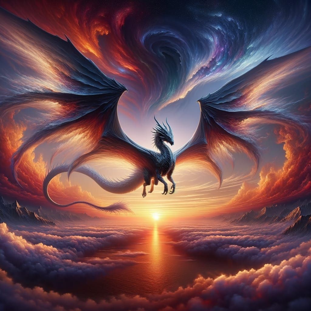Majestic Sunset Dragon in Ethereal Flight