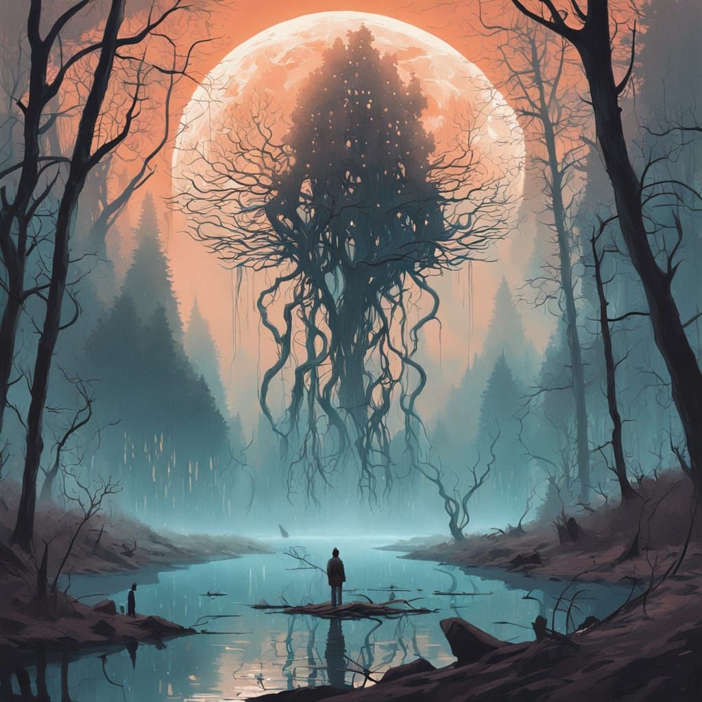 Ethereal Figure Stands at Lake's Edge, Shrouded in Mystical....