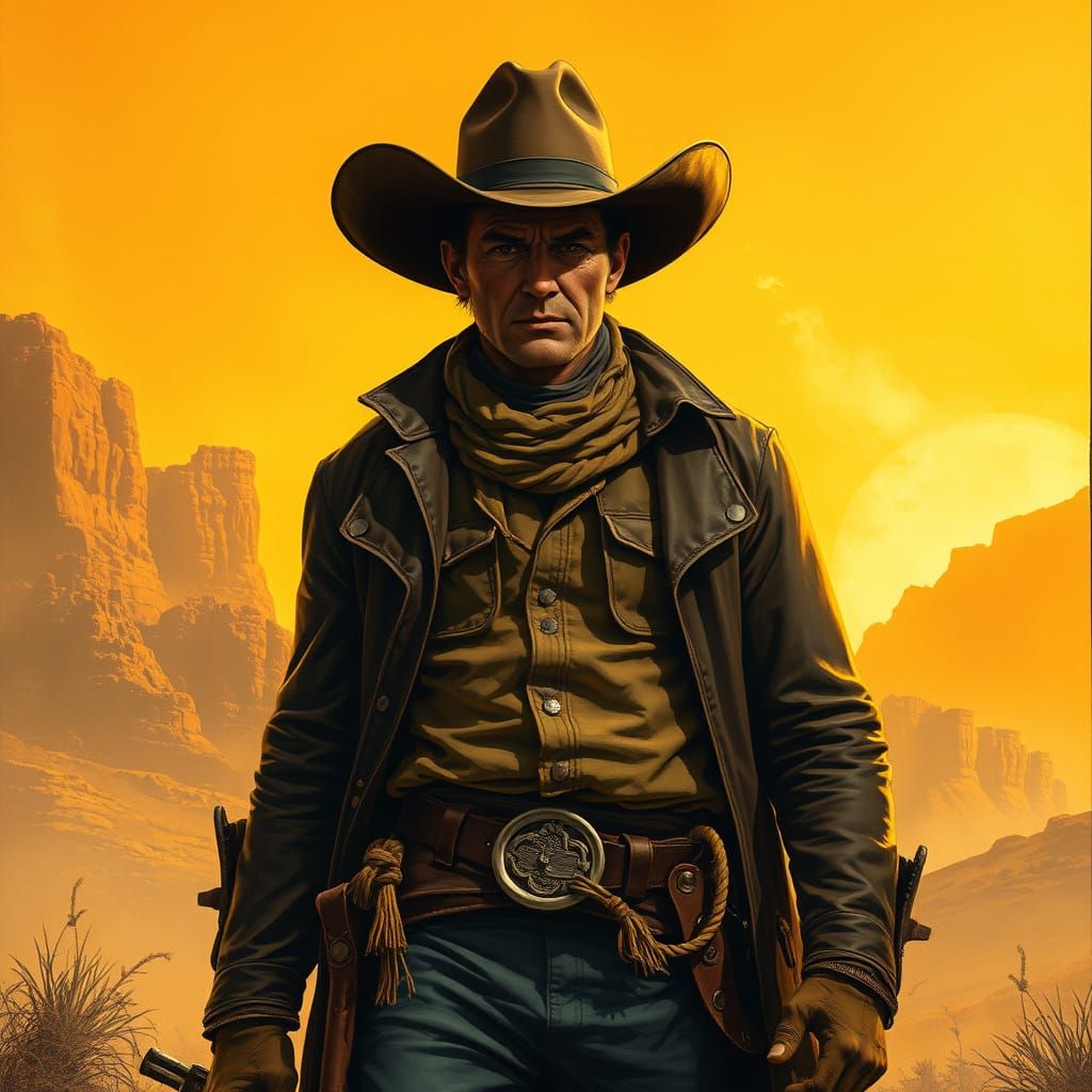 Lone Cowboy in Golden Wild West Landscape