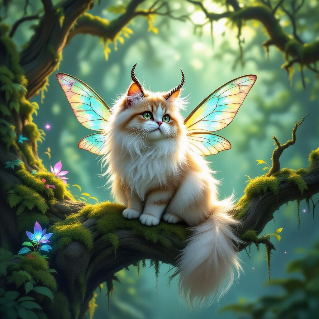 Fluffy Persian Cat with Iridescent Wings on Tree Branch