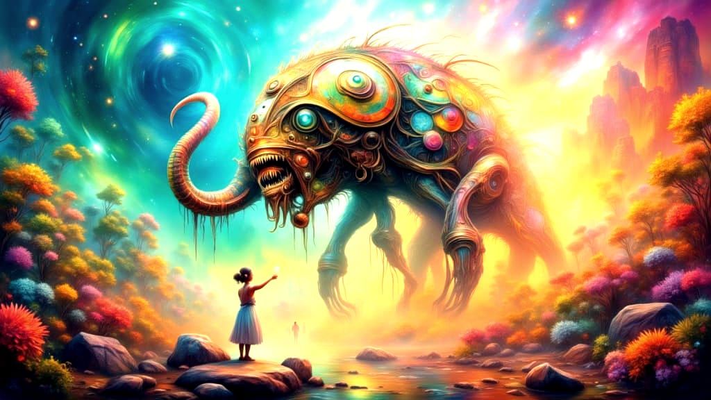 Clockwork Monster Emerges from Pastel Nebula