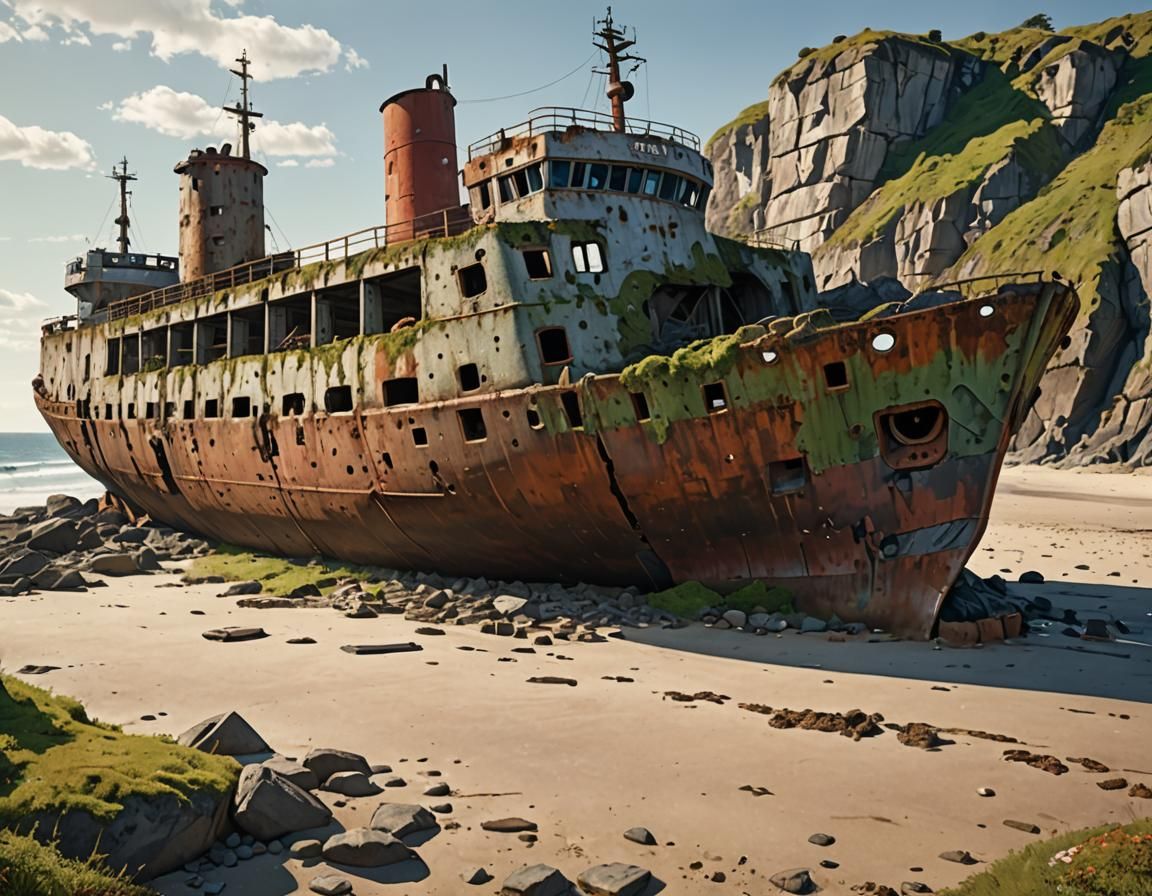 Worn Cement Ship Wreck Washed Ashore: Concept Art