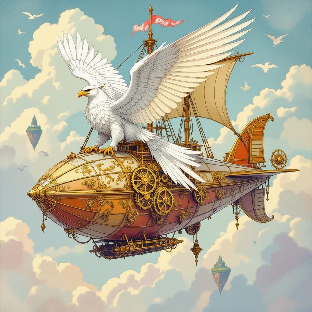 Griffin with Clockwork Feathers on Victorian Airship